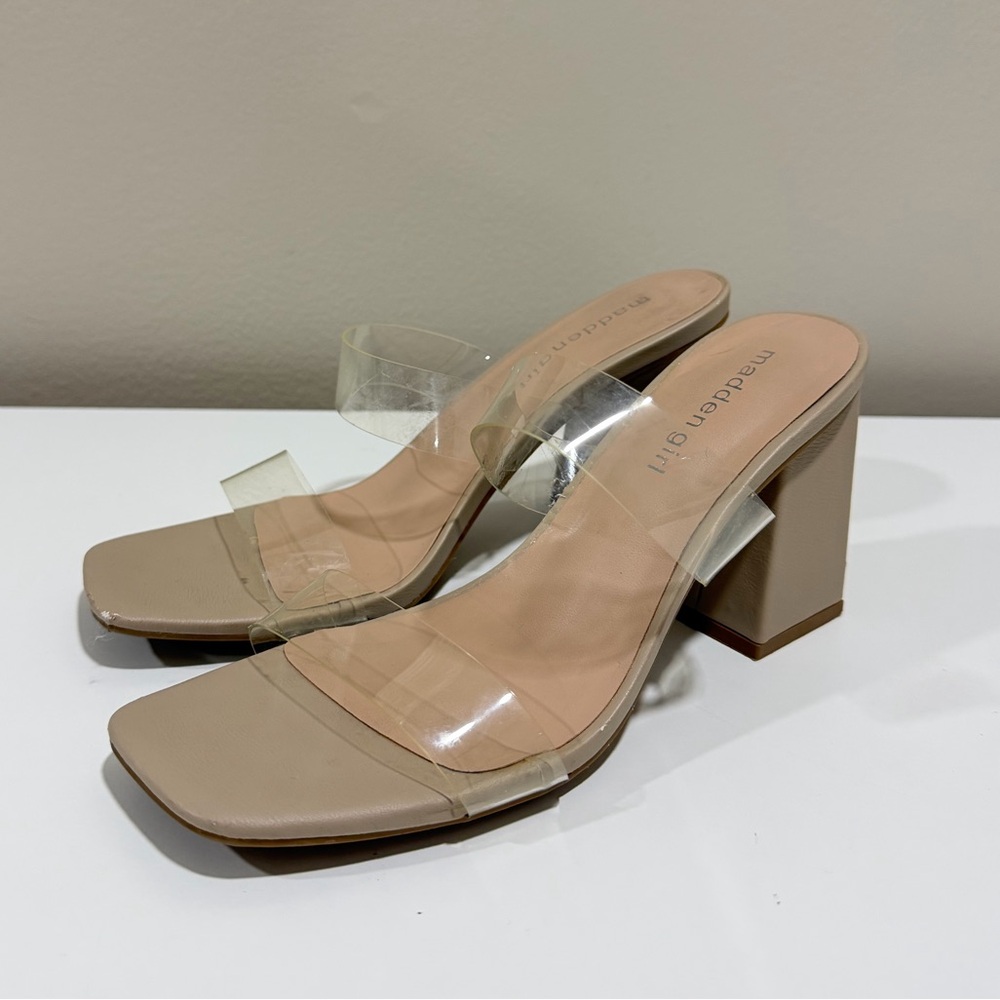 Madden Girl Jilian 2 Clear Strap Square Toe Block Heel Sandals Women Size 8